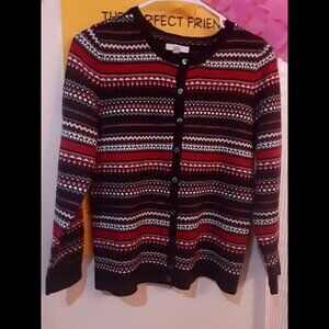 Preppy Modern Work Nerdy Red Black Striped Geometric Knit Ladies Cardigan Sz XS